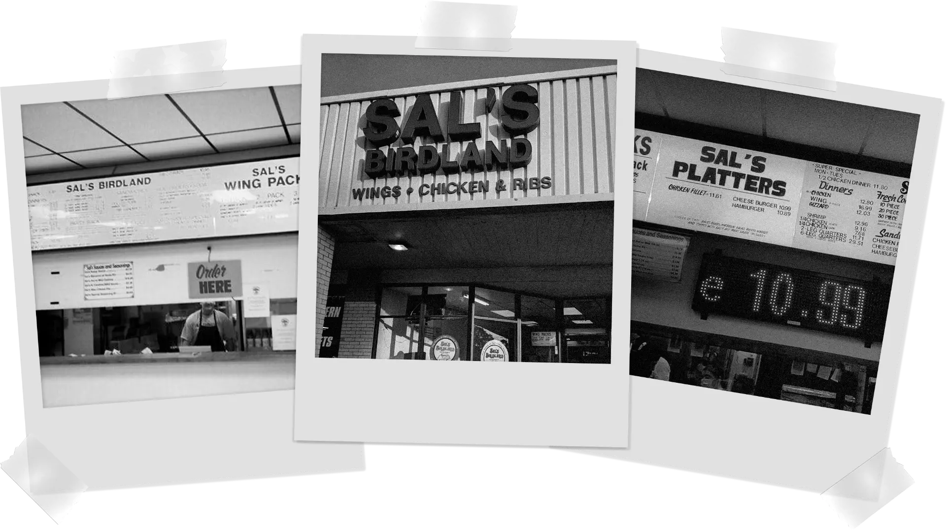Collage of vintage Sal's Birdland photographs: storefront, menu boards, and platters sign